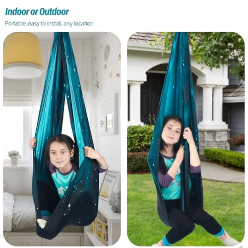 HiChrote Sensory Swing for Kids Holds up to 300lbs Indoor & Outdoor Therapy Cuddle Swing with Hammock Hooks Hanger Kit for Calming, Effect for Autism, ADHD or SPD. (Space Teal) - Image 8