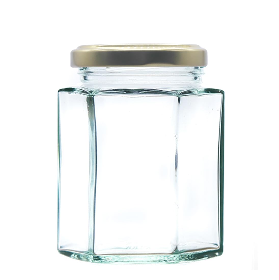 8oz (190ml) Hexagonal Glass Jam Jars with Twist Off Lids – Honey, Preserves, Chutney & Wedding Favours (Pack of 24, Gold)