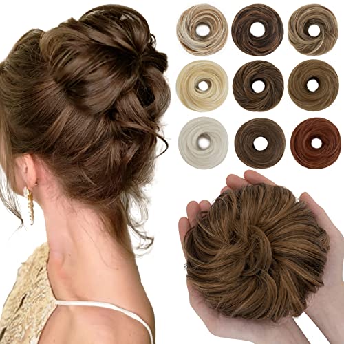 55g SEGO Moños Postizos Rizados Voluminoso Extensiones de Pelo Sintético Se Ve Natural Recogidos Coleteros Gruesos para Mujer Accesorios Coleta Postiza (Castaño Claro/Castaño Café)