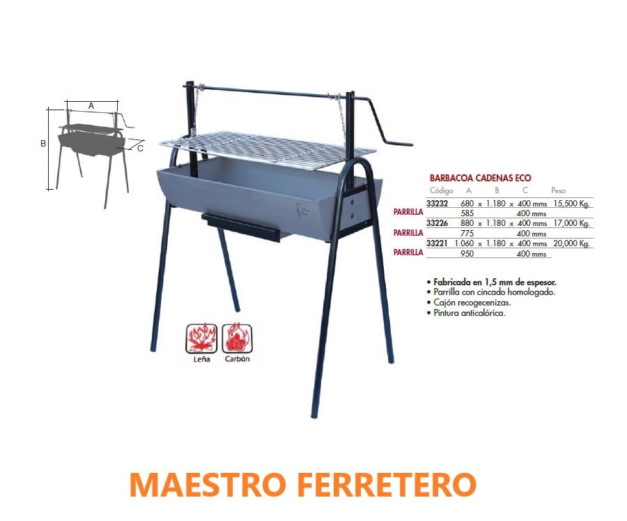 Flores Cortes - 33226 - Barbacoa Portatil con cadenas ECO - 880 x 1.180 x 400 mms para Carbón y Leña