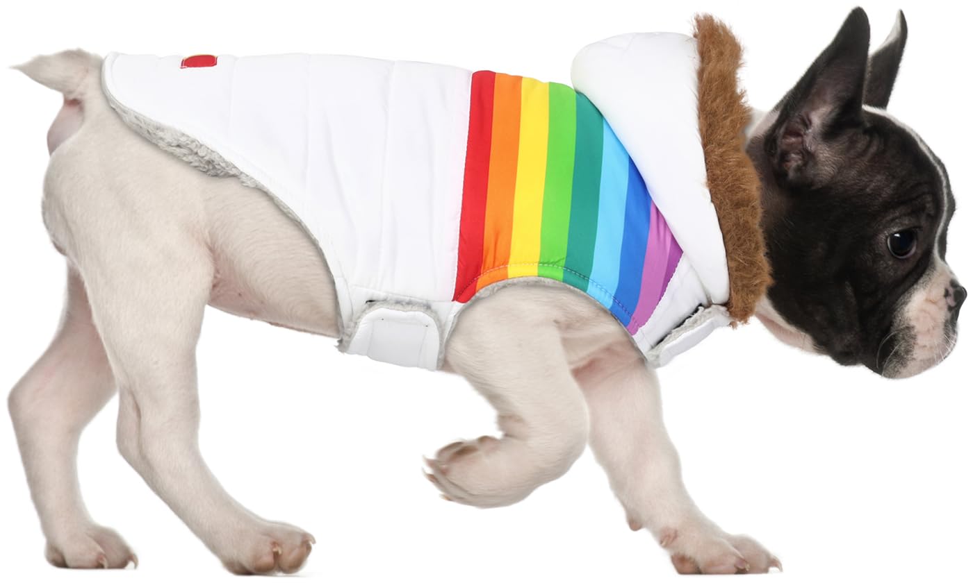 HDE Dog Puffer Jacket Fleece Lined Warm Dog Parka Winter Coat with Harness Hole White Rainbow Stripe - M