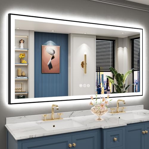 Image of 68x36 Black Framed LED Bathroom Mirror with Lights, Backlit and Front Lit Anti-Fog Lighted Vanity Mirror for Bathroom Wall, Dimmable, 3 Colors, Memory, Shatter-Proof, HD Tempered Glass, CRI 95