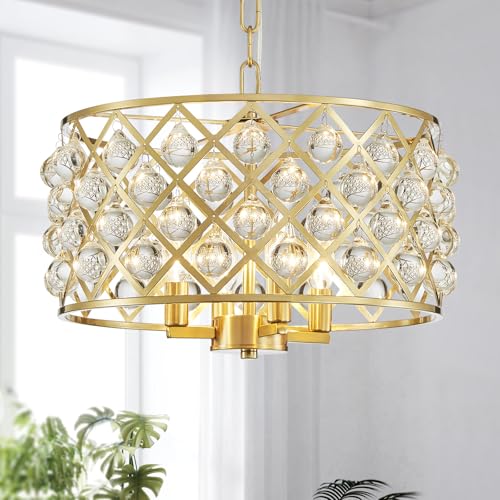 Saint Mossi Gold Crystal Chandelier for Dining Room, 4-Light Drum
