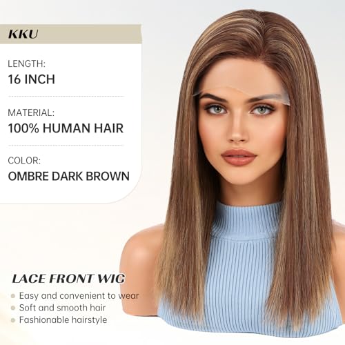 Image of KKU 16 Inch Human Hair Wig Real Hair Wigs for Women C Side Lace Wig Perfect Style for Any Occasion Brown and Blonde Mix