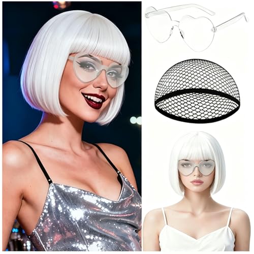 Image of MEEZY White Short Bob Wigs Straight Hair with Flat Bangs Heart Sunglasses for Women, Colorful Funny Cosplay Party Neon Wig Synthetic Natural As Real Carnival Halloween Costume Party Favors