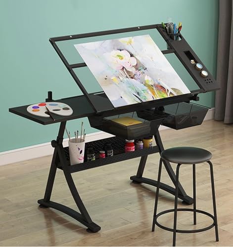 ガラス天板調節式製図台(スツール付き) ? 傾斜角度0°〜50°、高さ29.1〜36.6インチ、アーティスト&建築家向け収納棚付き