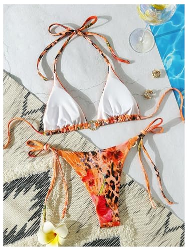Floerns Women's 2 Piece Swimsuits Cheetah Floral Triangle Halter Bikini Tie Side Ring Bathing Suit2