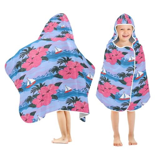 Kigai Pink Hibiscus Tropical Kids Hooded Towel, 24x50 in Bath/Pool/Beach Soft Absorbent Hooded Towel Wrap for Toddler Kids