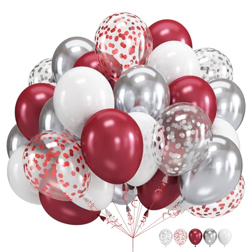 Image of Burgundy Red and Silver Balloons, 60 Packs 12 Inch Wine Red and White Silver Metallic Confetti Balloons with Ribbons for Women Birthday Wedding Bridal Shower Retirement Party Decorations Supplies