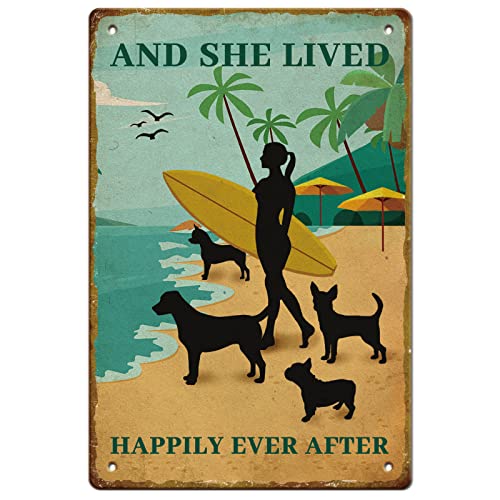 SUPERDANT Surfing Girl Metal Signs Girl Dog Tin Signs Beach Funny Signs and Plaques Vintage Metal Tin Signs She Lived Happily Metal Wall Art Painting for Bar Girls Room Man Cave Bathroom