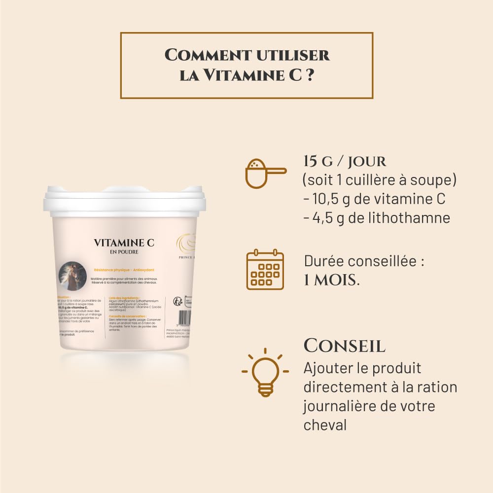 Vitamine C - Complément nutritionnel Cheval - Pot 1 kg - Force, Energie, Résistance - Antioxydant - Marque Française