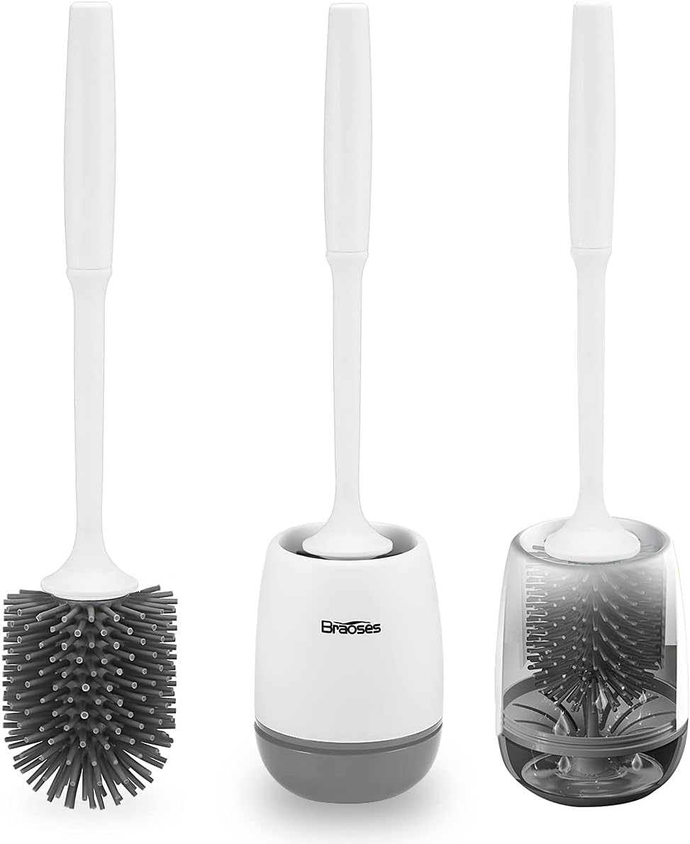 BraosesToilet Brush Wall Mounted & Standing Silicone Toilet Brush with Holder Set Long Handle Toilet Brush and Quick Drying Holder Set for Bathroom or Guest Toilet (White & Grey)