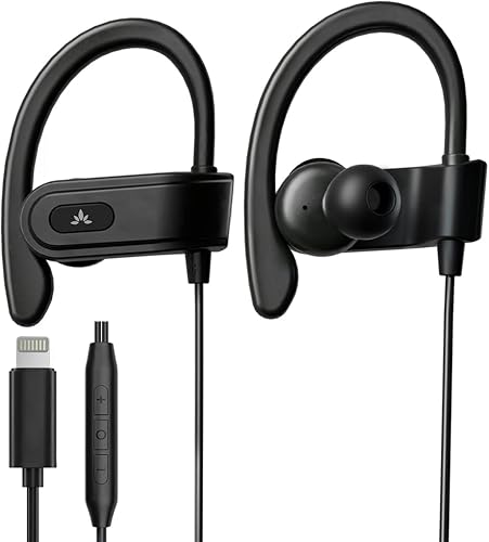 Avantree L171 - Auriculares con cable con conector Lightning certificado MFi, micrófono y controles de volumen, ganchos sobre la oreja para