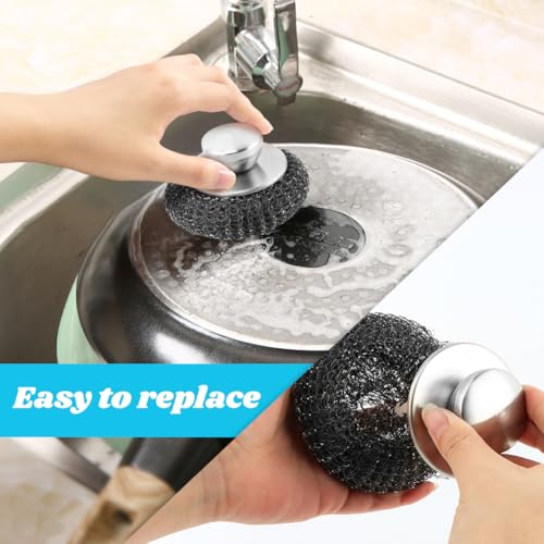Image of Stainless Steel Wool Scrubber Dish Brush with Handle, Deep Cleaning Metal Scrubber Set with Replacement, Metal Dish Scrubber Cleaning Brush for Kitchen Cleaning(silver)