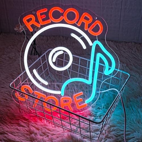 Image of Record Store Neon Sign Music Neon Signs for Wall Decor Letter Neon Light Record Player Sign Live Music Neon Light Sign for Bar Concern Studio Decor(Red white)