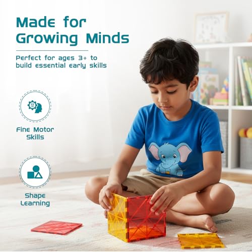 Image of Amazon Brand - Jam & Honey Magnetic Tiles Add-On for Kids | 4 Pcs Big Tile Square Foundation Set | Compatible with Magnetic Tiles | STEM Learning & Creative Construction Toy | Brain Development & Educational Play | Durable MABS Plastic with Strong Magnets | Ages 3+ Years | Multicolour | Product Dimensions: 17.5 x 15.5 x 3.5 cm