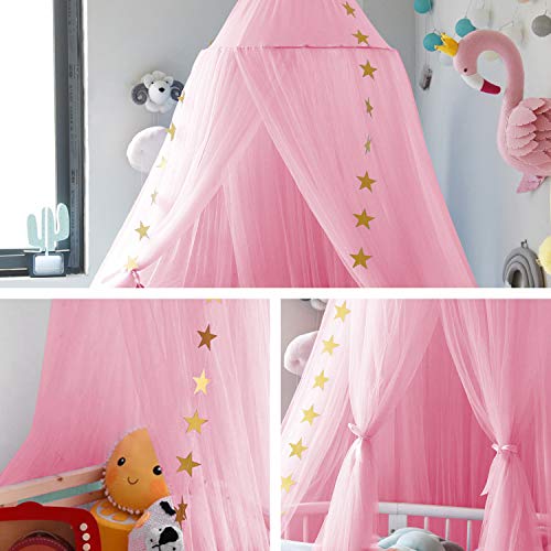 Image of Jolitac Princess Bed Canopy, Room Decor Round Lace Mosquito Net Play Tent Reading Nook Canopies Yarn Dome Netting Castle (Rose)