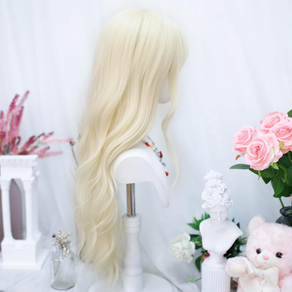 SCORRO Blonde Long Wavy Hair Curly Wig with Bangs, Light Blonde Hair Sweet Daily Wigs, Cute Girl Wig, Cosplay Wig Lolita Wig Hair, Harajuku Party Wig Halloween Wigs for Women