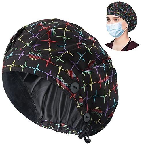 Image of ABAMERICA Bouffant Caps with Button and Sweatband, Adjustable Scrub Caps for Women Men, One Size Multi Color