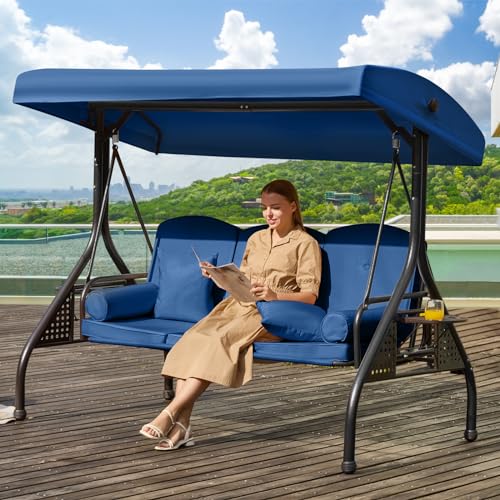 Image of 3 in 1 Outdoor Porch Swing with Adjustable Canopy, 3 Seat Outdoor Swing for Adults, Patio Swing Chair with Thickened Cushions,Pillows & Cup Holders for Backyard, Porch, Garden (Blue)