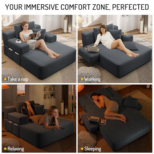 ZIGHTH 2 In 1 Corduroy Chaise Lounge Chair Indoor, 60\'\' Oversized Boneless Chaise Lounge with Fold Out Bed and Pocket, Plush Cozy Deep Seat Chair for Living Room, Bedroom, Small Spaces, RV (Dark Gray)