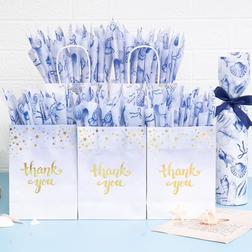 Image of Larcenciel Ocean Blue Tissue Paper, Coastal Starfish Conch Seashell Tissue Paper for Gift Bags, Wrapping, Craft, Decoupage Art Packing Supplies for Wedding, Birthday, Holiday Decor, 60 Sheets 20x14in