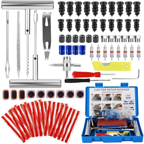 95-Pièces Kits de Réparation de Pneus, Kit de Réparation de Pneus pour Voiture, Heavy Duty Kit Meche Perforation Pneu, Adapté aux Véhicules électriques, Vélos, Voitures, Motos et autres Véhicules