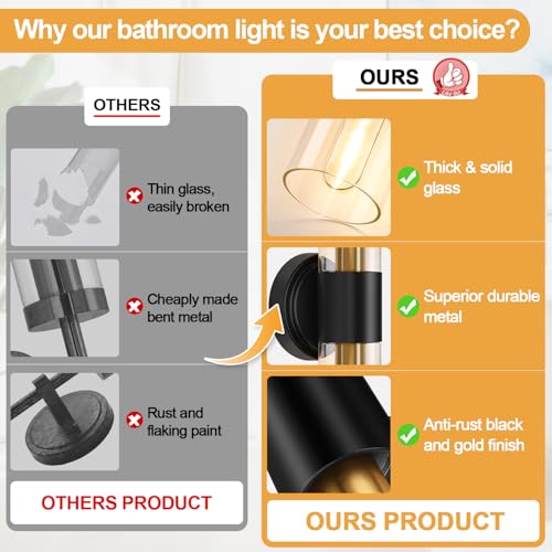 Image of Wall Sconces Set of Two, Modern Bathroom Sconces Wall Lighting with & Clear Glass Glass, Black and Gold Sconces Wall Decor Set of 2 for Bathroom Mirror Bedroom Living Room Hallway