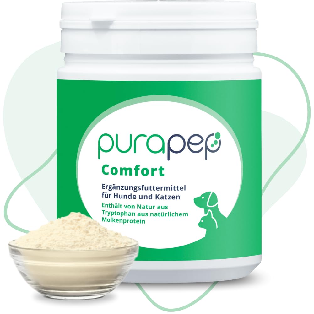 Comfort Pulver – Lindert Stress, Angst & Aggression, fördert Entspannung. Natürliches Beruhigungsmittel für Hunde & Katzen + Tryptophan + B Vitaminen. Ideal für Silvester & Stressphasen. 280g