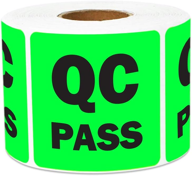 QC Pass Stickers - 2 x 2 inch Square in Fluorescent Green QC Pass Label for Quality Control in Production Line Warehouse Inventory Management Inspection Stickers - 300 Labels per Roll