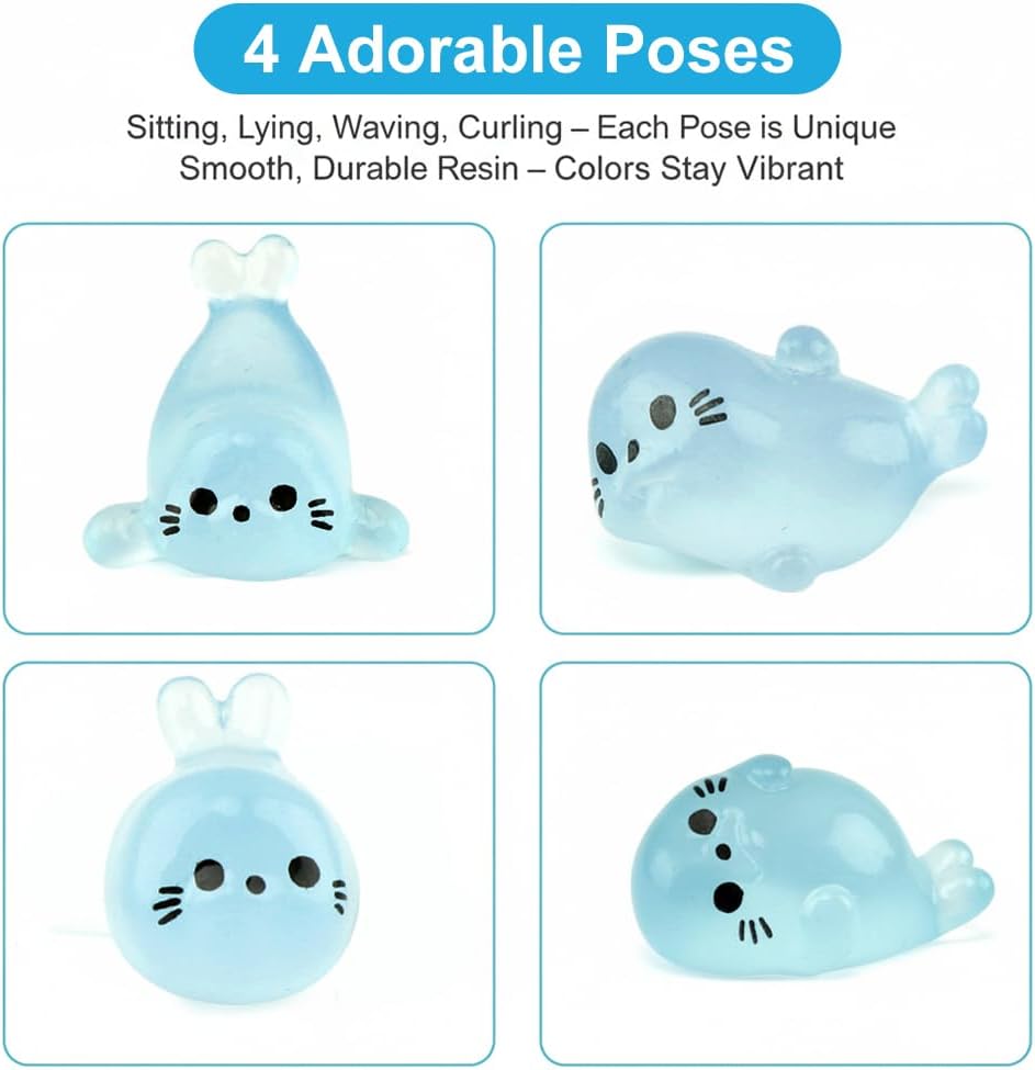 100 Pack Glow in The Dark Mini Seal Figurines, Luminous Seal Figurines, 4 Styles, DIY Tiny Ocean Creatures for Fairy Garden Aquarium Decor Desk Display image 3