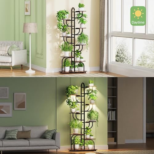Image of Arch Plant Stand Indoor | Large 8-Tiered Tall Plant Stand with Full Spectrum Grow Light | Corner Black Freestanding Display Shelf for Collectibles | Suitable for Living Room, Study, Entrance, Balcony