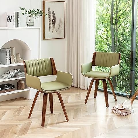 LUNLING Mid Century Modern Dining Chairs Set of 2,Swivel Accent Faux Leather Accent Chairs, with Wooden Legs/Armrest/Upholstered Seat/Adjustable Foots for Kitchen Dining Room Desk Chairs(Green) Cover