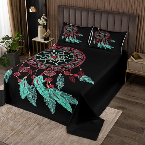 jejeloiu Boys Girls Feather Print Quilted Coverlet Queen Size, Boho Style Coverlet Set Bird Feathers Element Bedspread Kids Teens Bedroom Decor with 2 Pillow Case