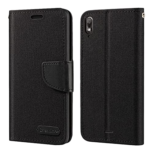Étui Portefeuille en Tissu Oxford et Cuir PU Compatible avec Wiko View 2 GO, Coque Robuste avec Rabat Magnétique et Fentes Cartes (Noir)