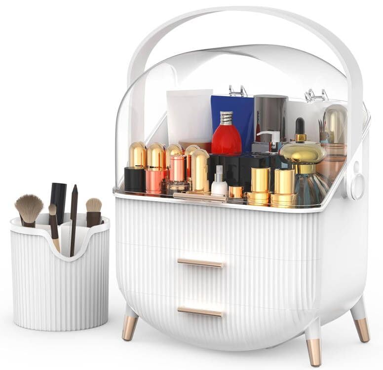FCYOUO Portable Cosmetic Display Cases,Large Capacity Cosmetics Organizer with Brush Organizer, Waterproof & Dustproof Makeup Organizer for Vanity, for Countertop, Bathroom, Dresser (white.)