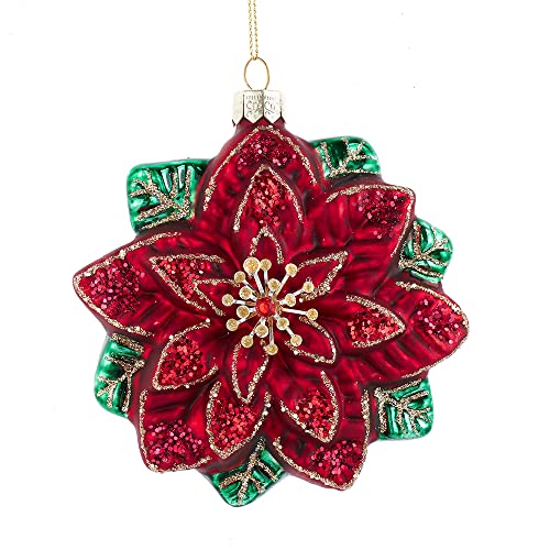 Kurt S. Adler Glass Christmas Tree Ornament Holiday Decorations Traditional (4.5” Glass Red Green Poinsettia Christmas Ornament Glitter F2234)