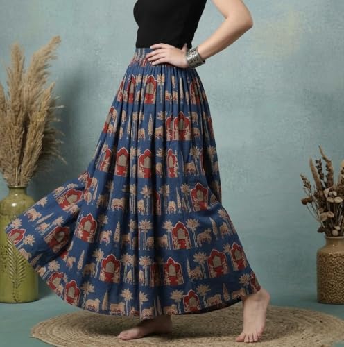 Image of Women's Floral Print Maxi Skirt, Maroon Red, 100% Pure Cotton, Elastic Waist, Full Length, Breathable Fabric