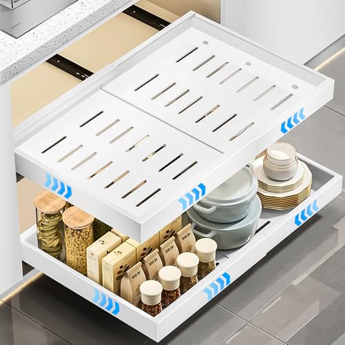 WELLTE 1 Pezzo Organizzatore Estraibile per Armadietto, Cassetti Scorrevoli per Armadio da Cucina, 3 Tracce Estensibili da Cucina, Senza Trapano né Chiodi, (31-52 cm L x 43 cm P x 6 cm A) Bianco