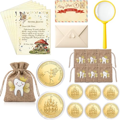 Kenning 25 Pcs Tooth Fairy Kit Gifts - Complete Lost Tooth Gift Set with Magical Letters Gold Coin Burlap Pouch Envelope and Mini Magnifier Keepsake for Lost Teeth