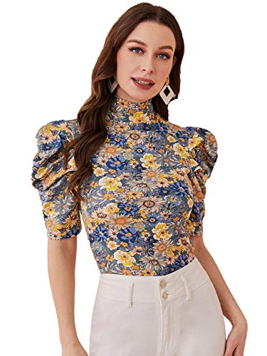 Floerns Women's Casual Frill Mock Neck Short Puff Sleeve Keyhole Back Work Office Blouse Gold Floral Xl #TOP15