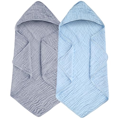 Synrroe Baby Hooded Bath Towel 2 Pack 100% Muslin Cotton 32x32 Inch - Matching Trim & Hood Soft Absorbent Baby Toddler Towel for Newborns & Infants Blue and Misty