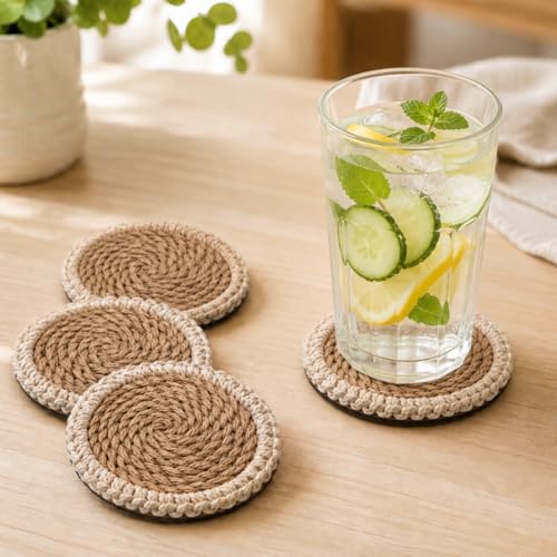 Image of Jute Bloom Coaster Set of 4 | 4x4 Inch Round Natural Beige Jute Coasters with Sea Shell Boho Design | Tea Coffee Mug Glass Cup Coasters for Dining Table & Hot Pots, Kitchen & Home Decor