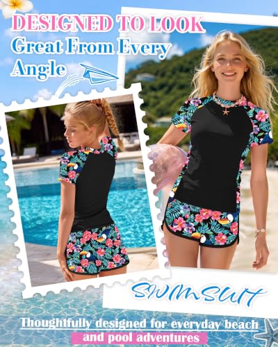 Image of Xaatren Girls 2 Piece Rash Guard Swimsuit | Quick Dry Bathing Suits, Short Sleeve Floral Beach Swimwear, Summer Tee and Boyshort Sets, Protection, Hawaiian, 7-16 Year