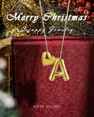 Heart Letter Necklace, 14k Gold Plated Initial Dainty Necklace for Women, Chunky Bubble Balloon Charm Pendant Name Personalized Jewelry Gift 7