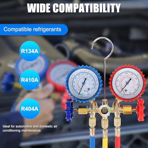Juego de Manómetros de Tres Vías para Aire Acondicionado AC, Kit de Carga de Refrigerante HVAC con Conectores Rápidos R134a, Adaptador R410A, Válvula de Perforación para Lata y Herramienta para Núcleo de Válvula miniatura 5