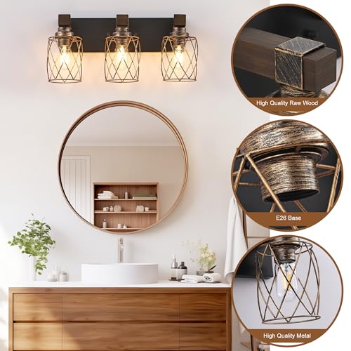 Image of 3-Light Black Gold Farmhouse Vanity Light, Wood & Metal Cage Shade | Mounted Over Mirror, Industrial Rustic Style, Ideal for Bathroom, Bedroom, Hallway & Living Room, Easy To Install