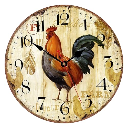 VIKMARI Kitchen Wall Clock, Small Vintage 12 Inch Rooster Chicken Clock, Silent Non Ticking Wooden Wall Clocks Decorative for Bedroom Living Room Office Farmhouse