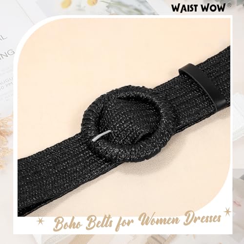 Image of Straw Woven Elastic Belt for Women Stretchy Belts for Dress Fashion Boho Waist Belt Rattan Raffia Ladies Belts