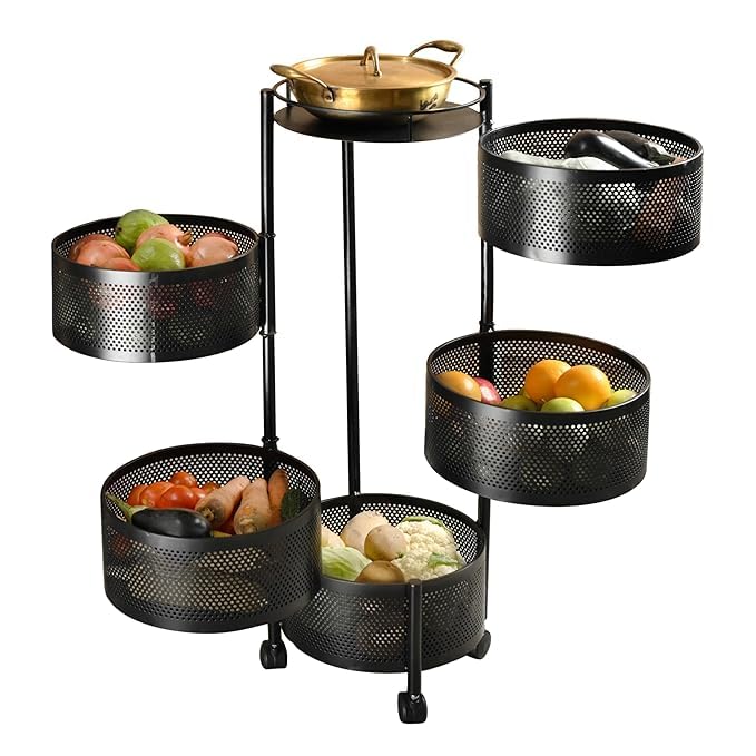 Image of KITCHIVO Kitchen Storage Rack | Revolving Vegetable Rack | Square Multipurpose Storage Trolley with Wheels | Metal Fruit Rack (Black Round, 5 Layer)